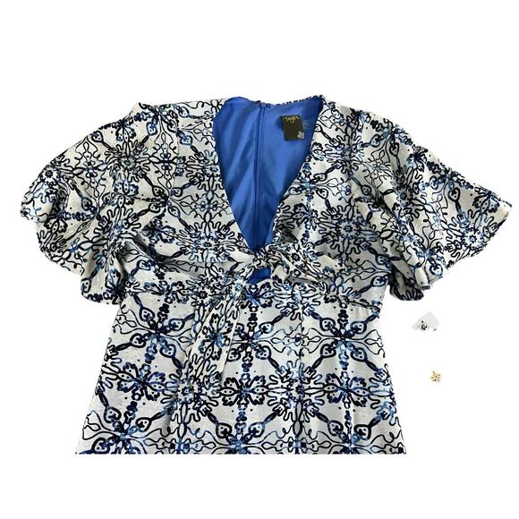 Taylor Boho Blue Dress Sz 12 Tiered Midi Lined Front Tie Flutter Sleeve New - Picture 5 of 13